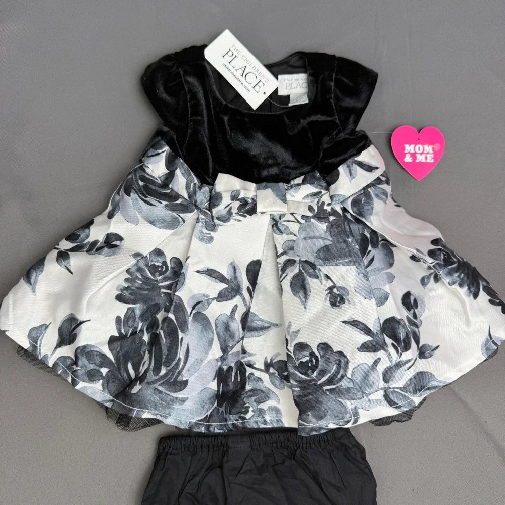 The Childrens Place Baby‎ Girl Velvet Floral Dress Set Black White 0-3M NWT